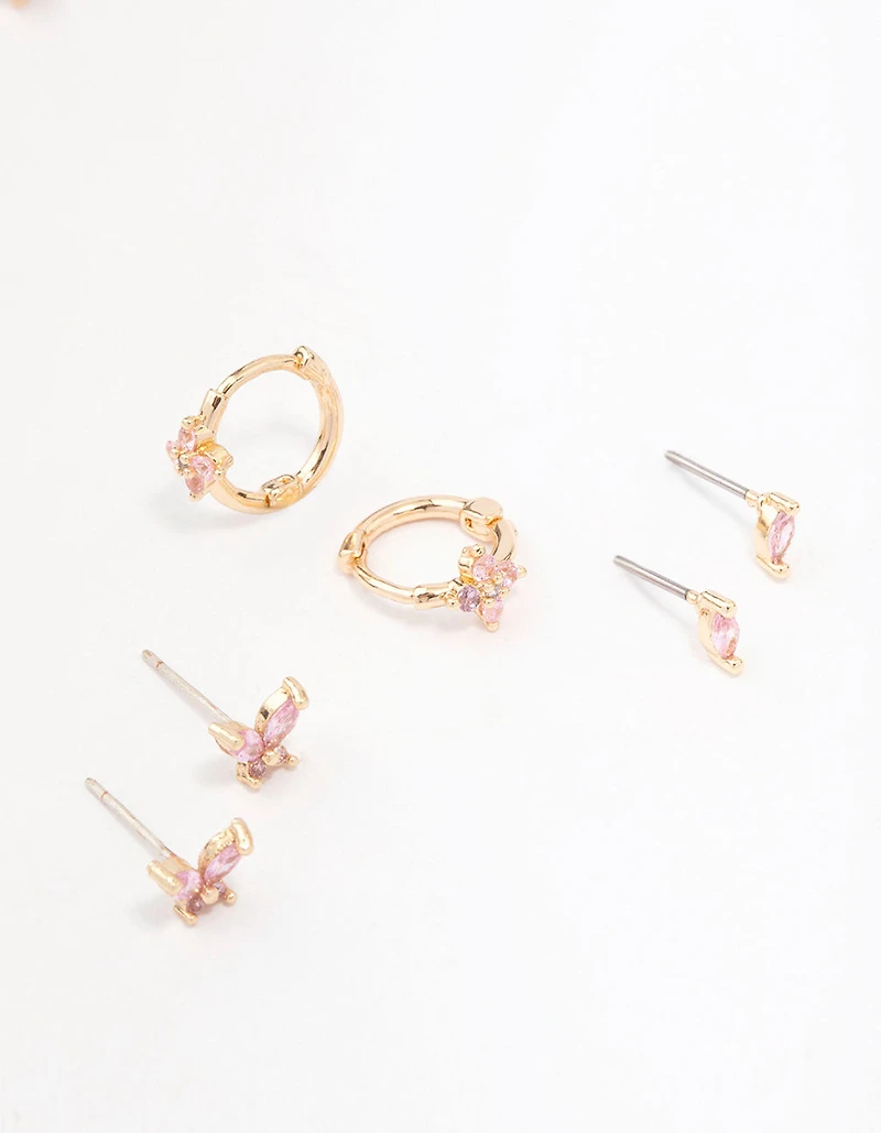 Papillon d’oreille doré en zirconia et fleur, paquet de 3