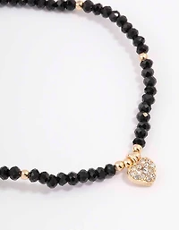 Black Beaded Simple Toggle Heart Charm Bracelet