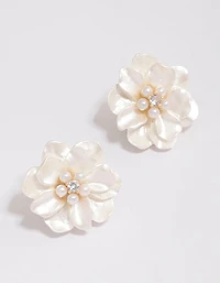 Gold Plated White Flower Cubic Zirconia Stud Earrings