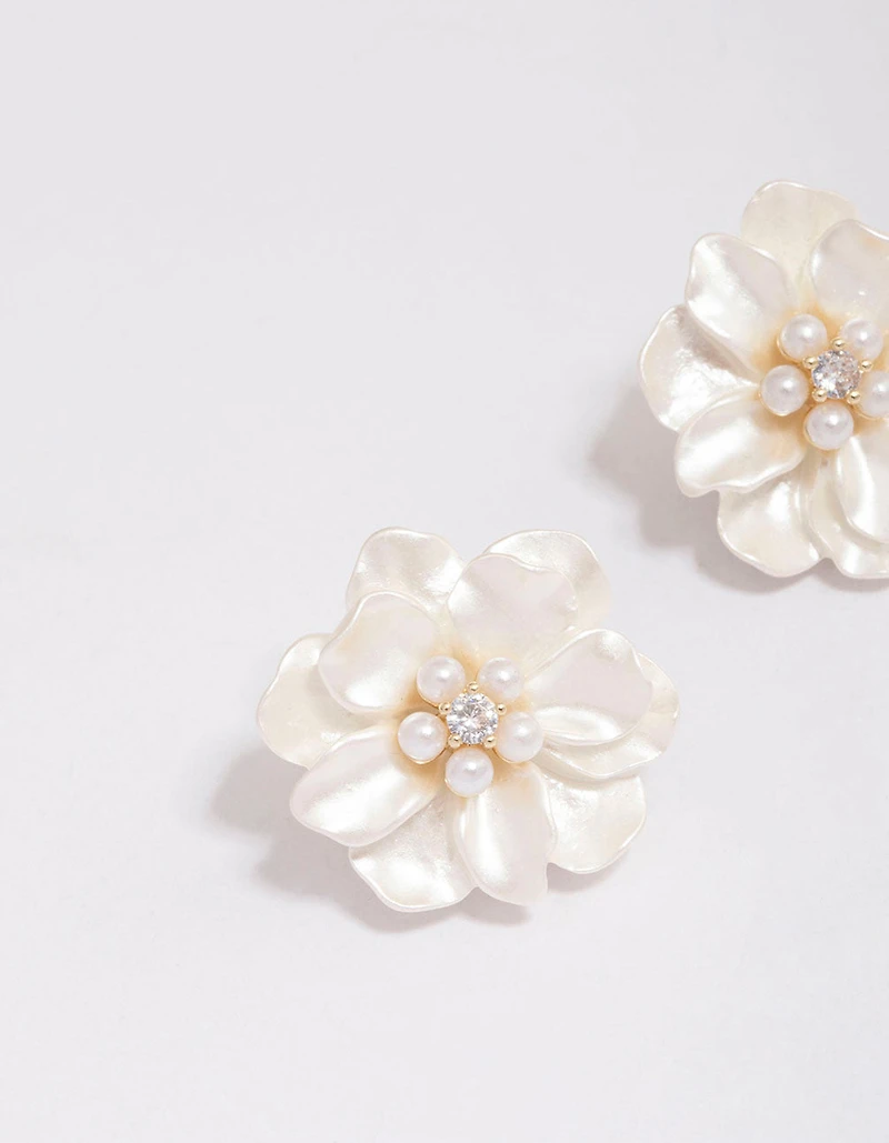 Gold Plated White Flower Cubic Zirconia Stud Earrings