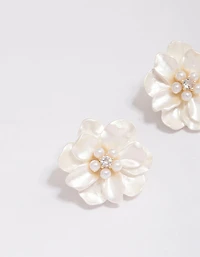 Gold Plated White Flower Cubic Zirconia Stud Earrings