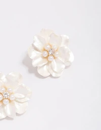 Boucles d'oreilles puces en forme de fleur blanche plaquées or et zircon cubique