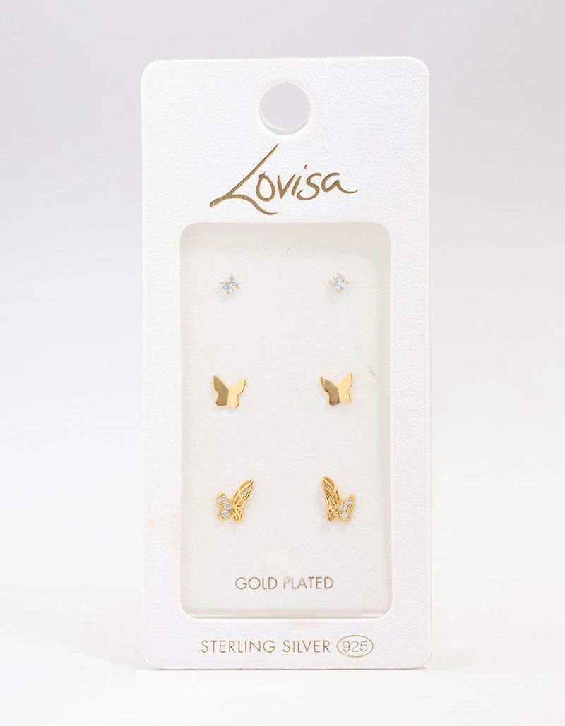 Gold Plated Sterling Silver Butterfly Stud Earring 3-Pack
