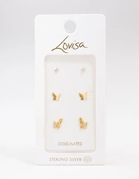 Gold Plated Sterling Silver Butterfly Stud Earring 3-Pack