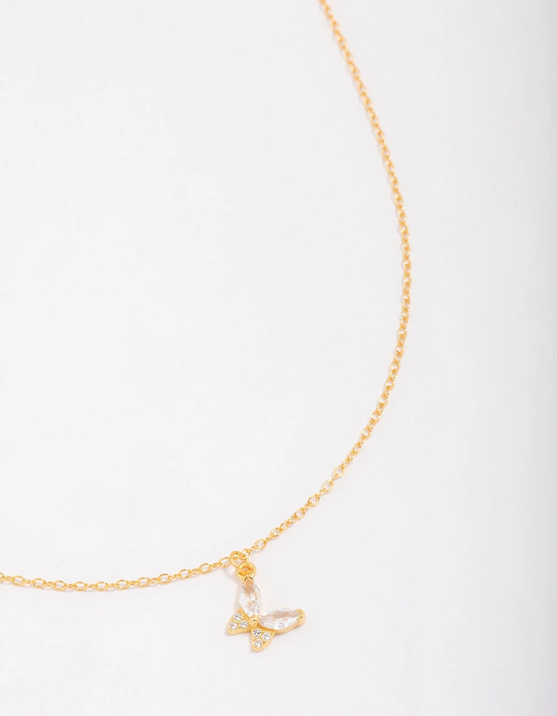 Gold Plated Sterling Silver Cubic Zirconia Butterfly & Angel Pendant Necklace