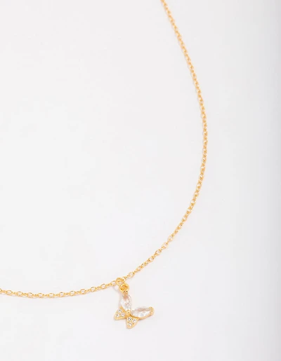 Gold Plated Sterling Silver Cubic Zirconia Butterfly & Angel Pendant Necklace