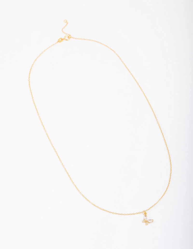 Gold Plated Sterling Silver Cubic Zirconia Butterfly & Angel Pendant Necklace