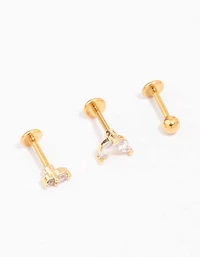 Gold Plated Surgical Steel Cubic Zirconia Double Marquise Flat Back 3-Pack