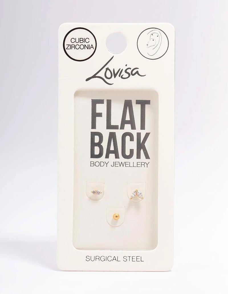 Gold Plated Surgical Steel Cubic Zirconia Double Marquise Flat Back 3-Pack