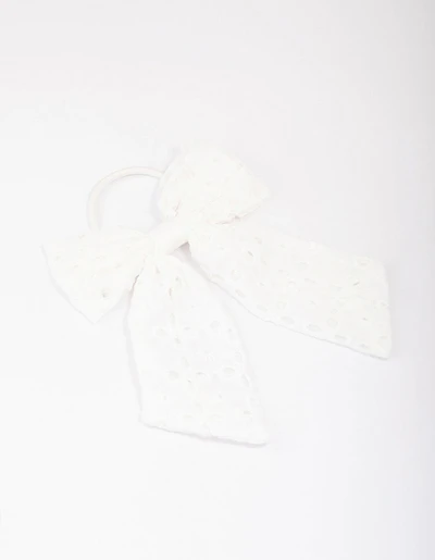 White Embroidered Bow Hair Scrunchie