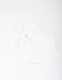 White Embroidered Bow Hair Scrunchie