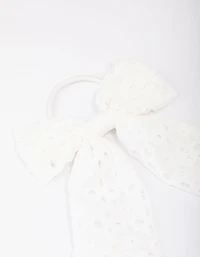 White Embroidered Bow Hair Scrunchie