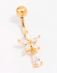 Gold Plated Titanium Cubic Zirconia Flower Pear Belly Piercing