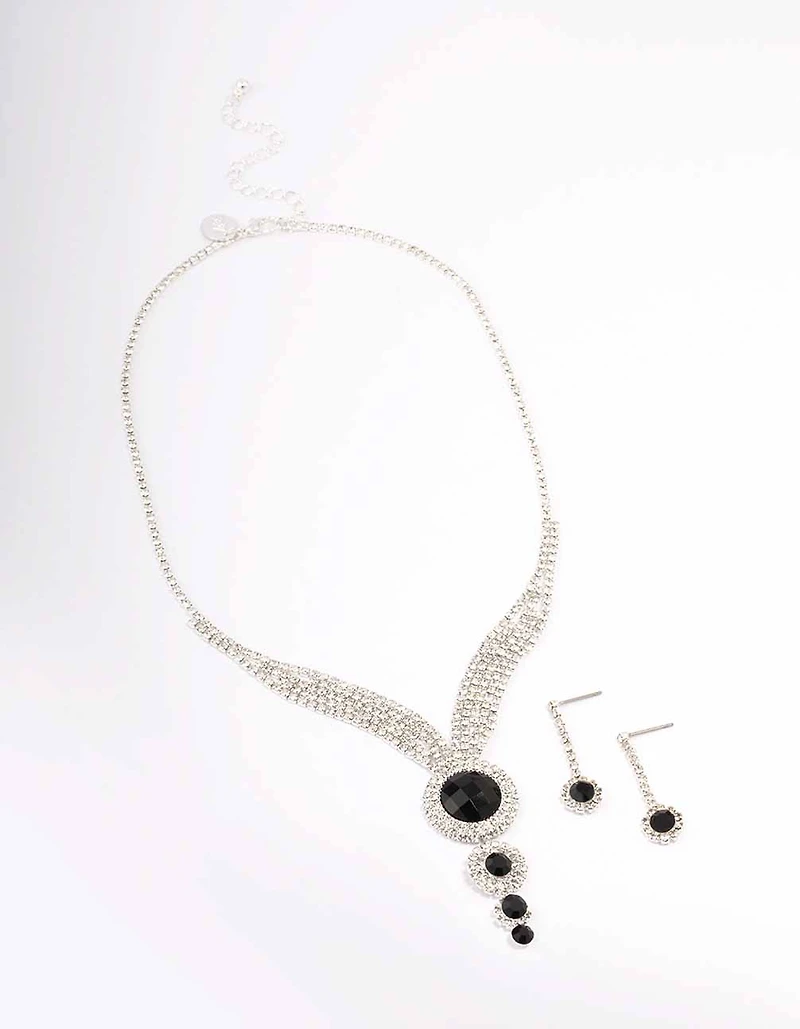 Silver & Black Diamante Circular Jewellery Set