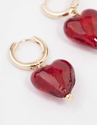 Gold Painted Red Heart Hoop Earrings