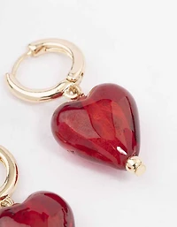 Gold Painted Red Heart Hoop Earrings