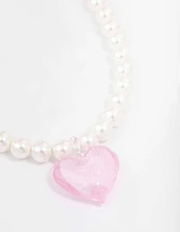 Gold & Pink Pearl Puffy Heart Necklace