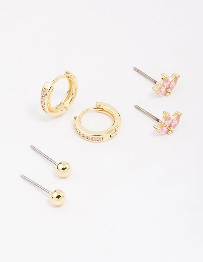 Gold Plated Brass Cubic Zirconia Marquise Earring 3-Pack