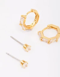 Gold Plated Brass Baguette Gold Ball Earring 6-Pack