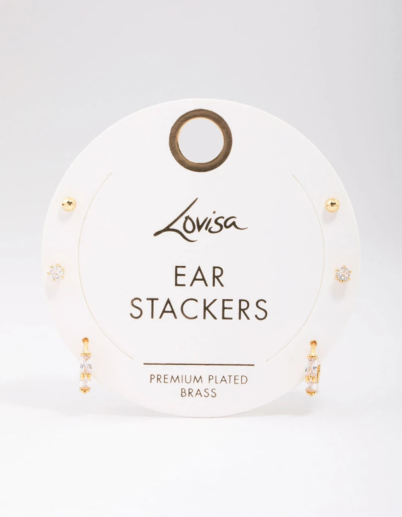 Gold Plated Brass Baguette Gold Ball Earring 6-Pack