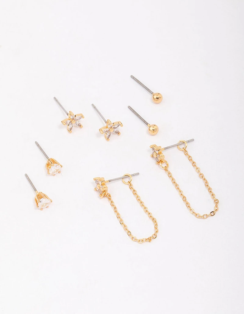 Gold Plated Brass Heart & Flower Chain Earring 4-Pack