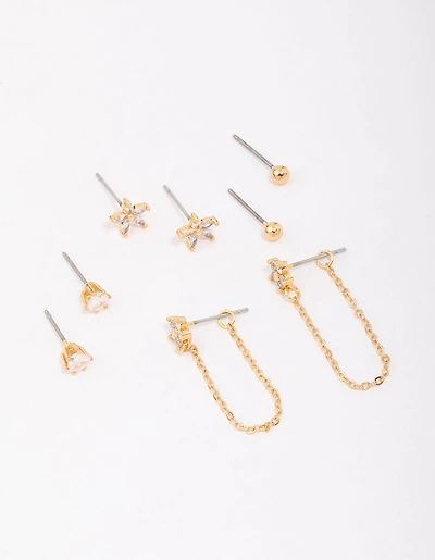 Gold Plated Brass Heart & Flower Chain Earring 4-Pack