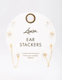 Gold Plated Brass Heart & Flower Chain Earring 4-Pack