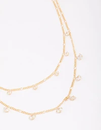 Gold Plated Brass Double Cubic Zirconia Droplet Layered Necklace