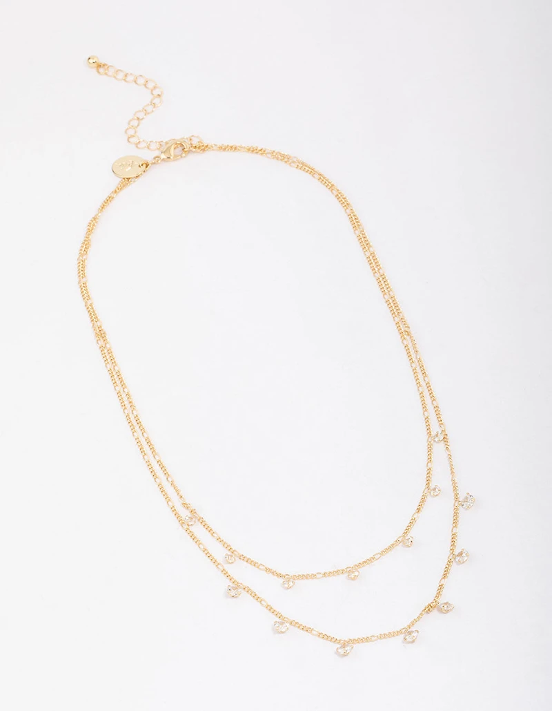 Gold Plated Brass Double Cubic Zirconia Droplet Layered Necklace