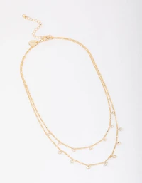 Gold Plated Brass Double Cubic Zirconia Droplet Layered Necklace