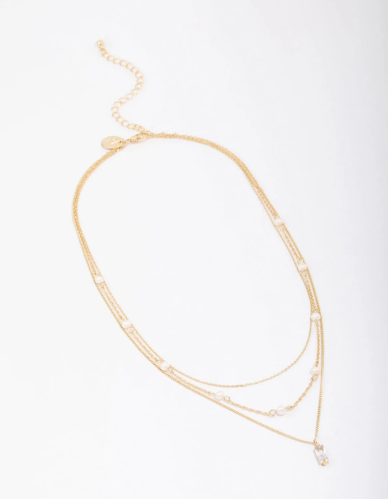 Gold Plated Brass Trio Pearl Baguette Layered Necklace