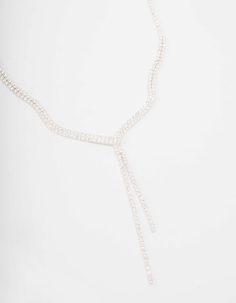 Silver Fine Ribbon Cubic Zirconia Lariat Necklace