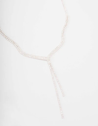 Silver Fine Ribbon Cubic Zirconia Lariat Necklace