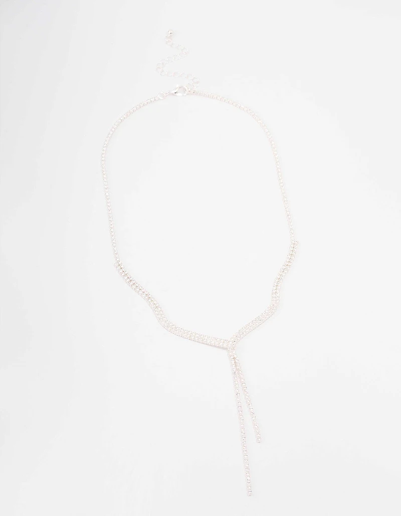 Silver Fine Ribbon Cubic Zirconia Lariat Necklace