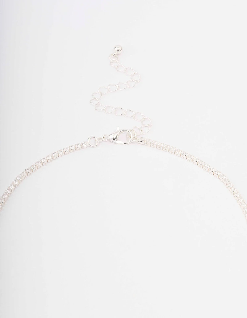 Silver Fine Ribbon Cubic Zirconia Lariat Necklace