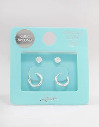 Sterling Silver Cubic Zirconia & Twisted Hoop Earrings