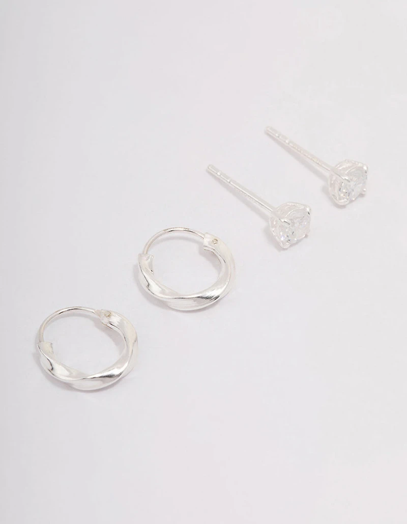 Sterling Silver Cubic Zirconia & Twisted Hoop Earrings