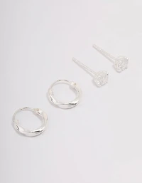 Sterling Silver Cubic Zirconia & Twisted Hoop Earrings
