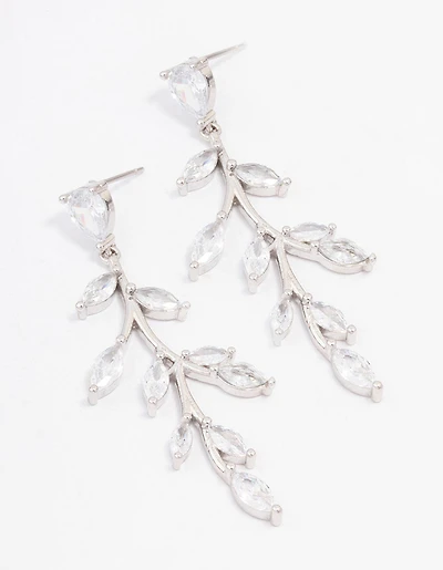 Silver Cubic Zirconia Leaf Drop Earrings