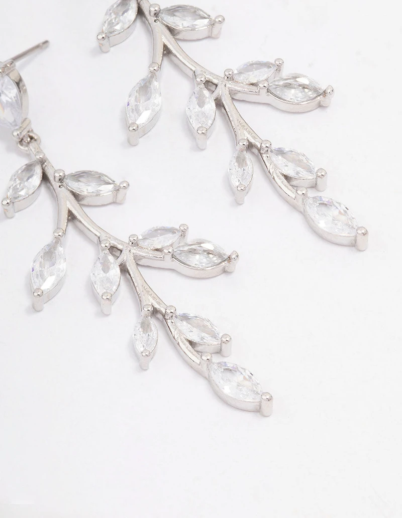 Silver Cubic Zirconia Leaf Drop Earrings