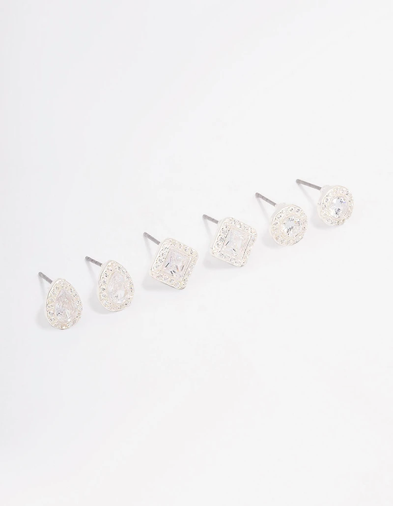 Silver Mixed Cubic Zirconia Stud Earring 3-Pack
