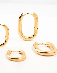 Waterproof Gold Plated Stainless Steel Square Oval Hoop Earrings 2-Pack