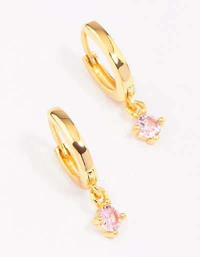 Gold Plated Sterling Silver Pink Cubic Zirconia Hoop Earrings