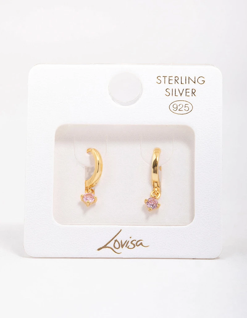 Gold Plated Sterling Silver Pink Cubic Zirconia Hoop Earrings