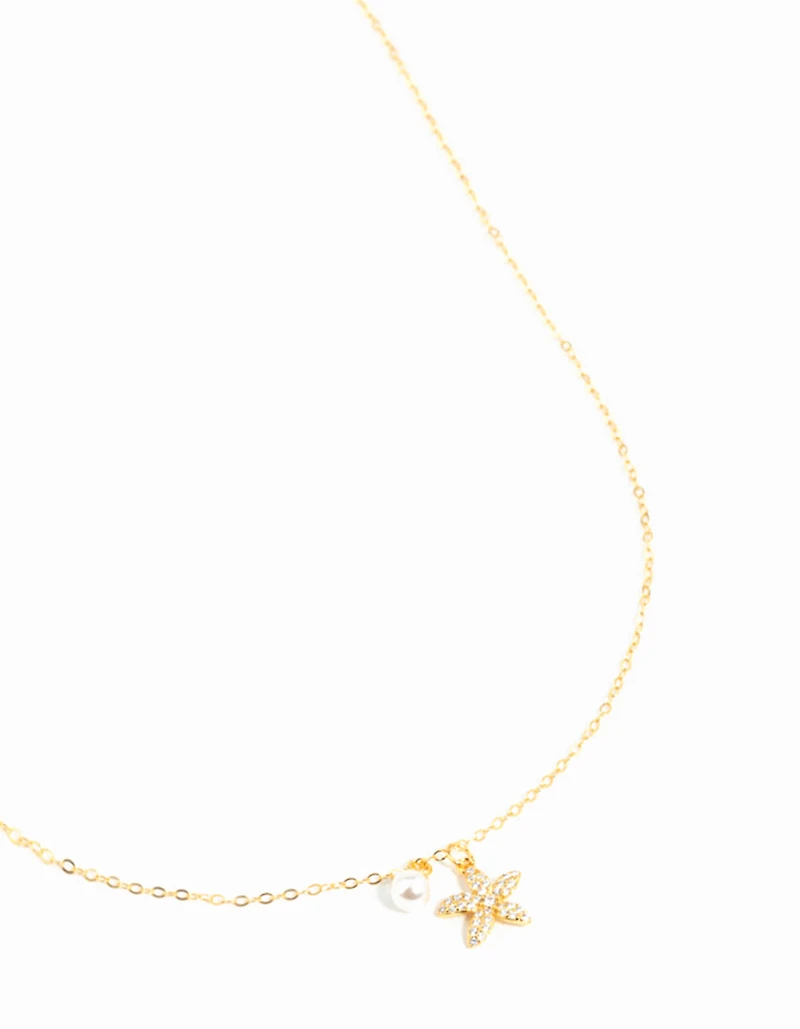 Gold Plated Sterling Silver Starfish Freshwater Pearl Chain Necklace