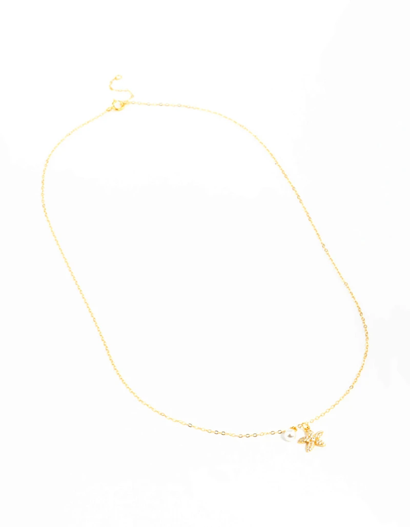 Gold Plated Sterling Silver Starfish Freshwater Pearl Chain Necklace