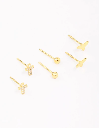 Gold Plated Sterling Silver Bird & Rose Stud Earring 3-Pack