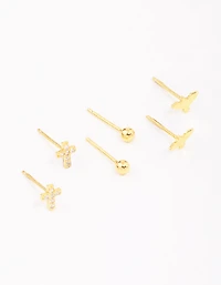 Gold Plated Sterling Silver Bird & Rose Stud Earring 3-Pack