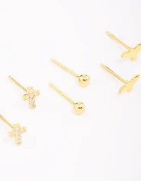 Gold Plated Sterling Silver Bird & Rose Stud Earring 3-Pack