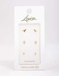 Gold Plated Sterling Silver Bird & Rose Stud Earring 3-Pack